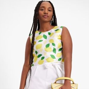 Kate Spade Sleeveless Lemon Print Silk Mikado Top - White/Yellow/Green